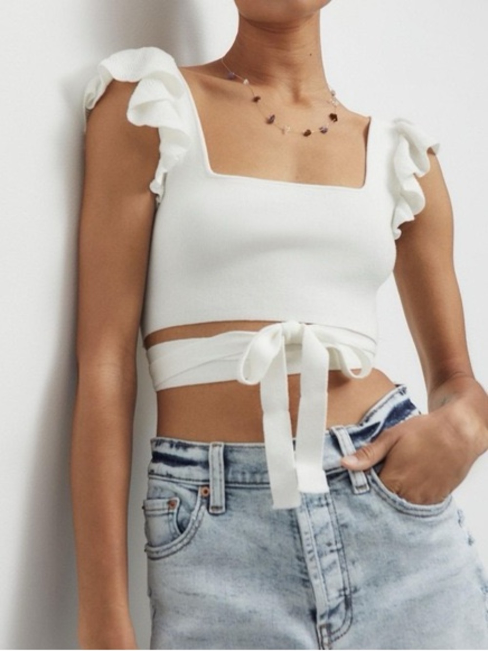 UO White Ruffle Tie-Waist Crop Top